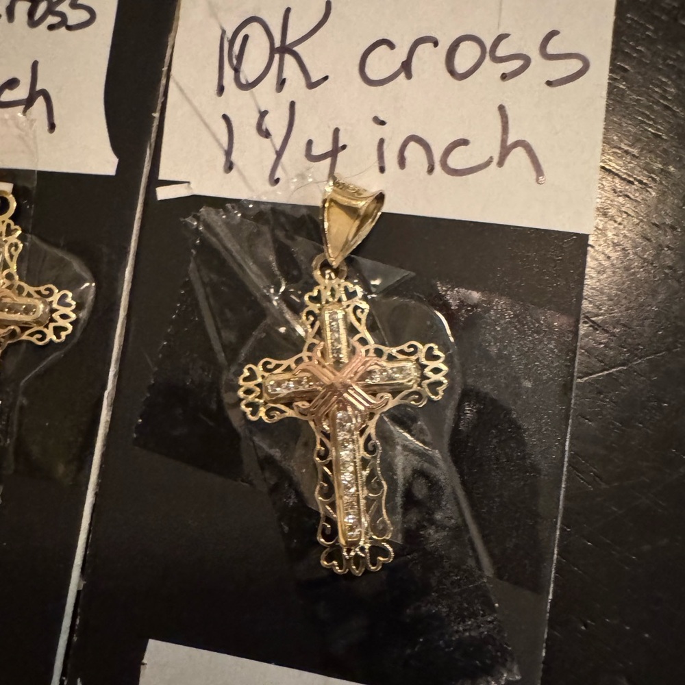 10k Intricate Gold Cross Pendant with Rose Gold Accent 1 1/4 inch new
